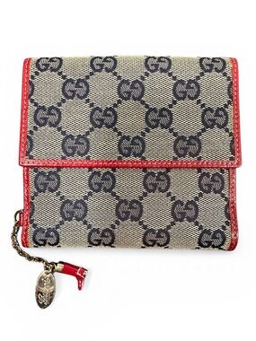 Gucci GG Monogram Navy Canvas & Red Leather Boot Charm Compact Bifold Wallet